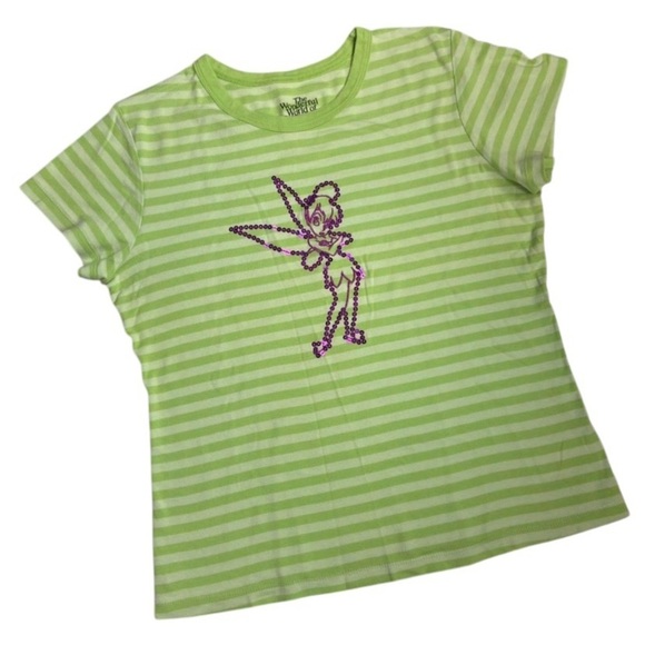 Disney Tops - Disney Green Striped Tinker Bell Women’s Size M Embroidered w Sequins Stretch